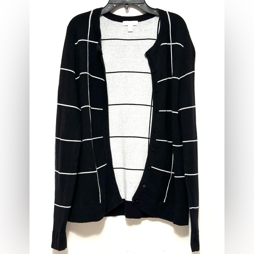 Charter Club Grid Windowpane Black & White Button Up Cardigan Sweater  M